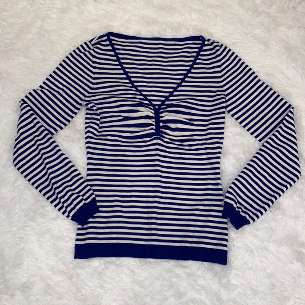 Blue and white striped Sweater with Ruched V Neckline. Size Small